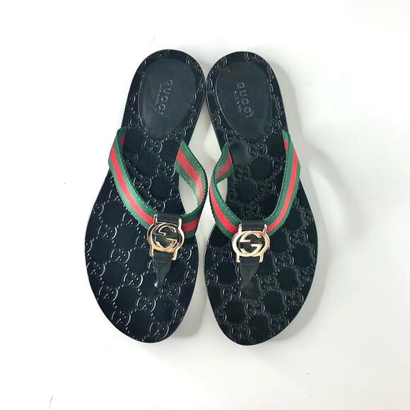 Gucci Interlocking GG Emboss Supreme Web Stripe Thong Flip Flop Sandals 37 - Picture 3 of 10